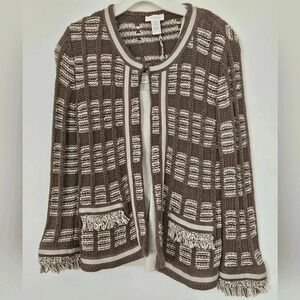 Chicos Women's Fringe Ribbed Knit Cardigan Sweater Size 0 Designer Sleeve Pocket